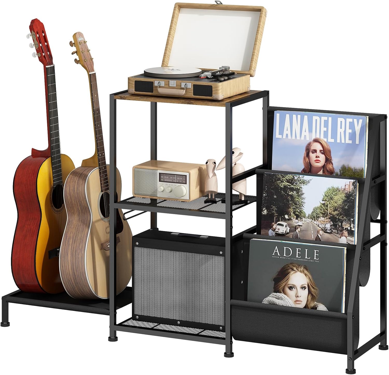 Wisdom Star Guitar Stand for Multiple Guitars with Amp Shelf and Table, 3-layer Vinyl Record Storage Rack, Display Rack for Music Room