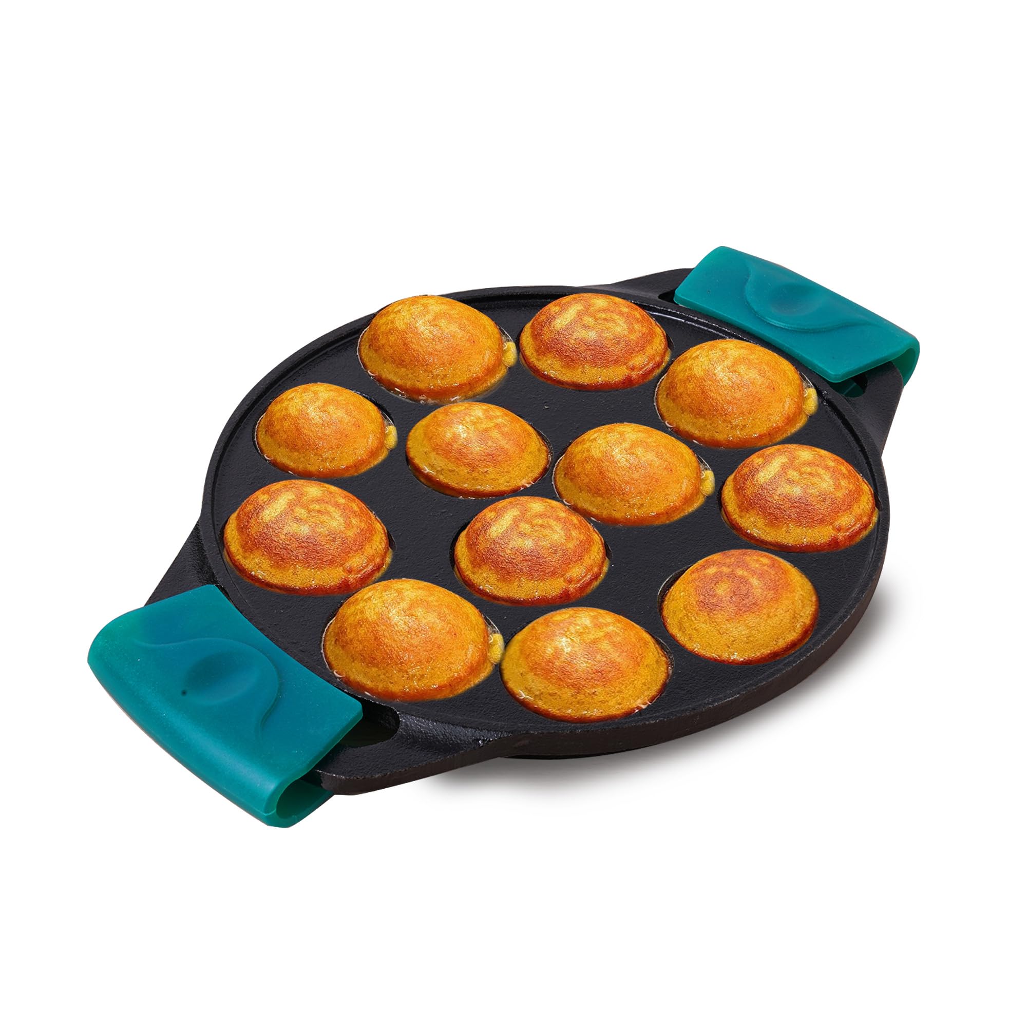 The Indus Valley Pre-Seasoned Cast Iron Square Paniyaram Pan | Induction Friendly | Nonstick Appe/Paddu Pan, 100% Pure (Paniyaram Pan with Silicone Grip, 12Pit, 8.1Inch/20.8 Cm)