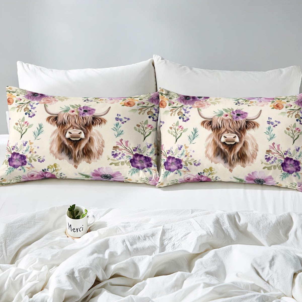 Manfei Highland Cattle Kids Sheet Queen Size,Purple Daisy Botanical Flowers Rustic Bedding Set,Boys Girls Room Decor,Wild Bull Cow Animal Beige Bed Sheet Set 4pcs(Fitted + Flat + 2 Pillowcases)