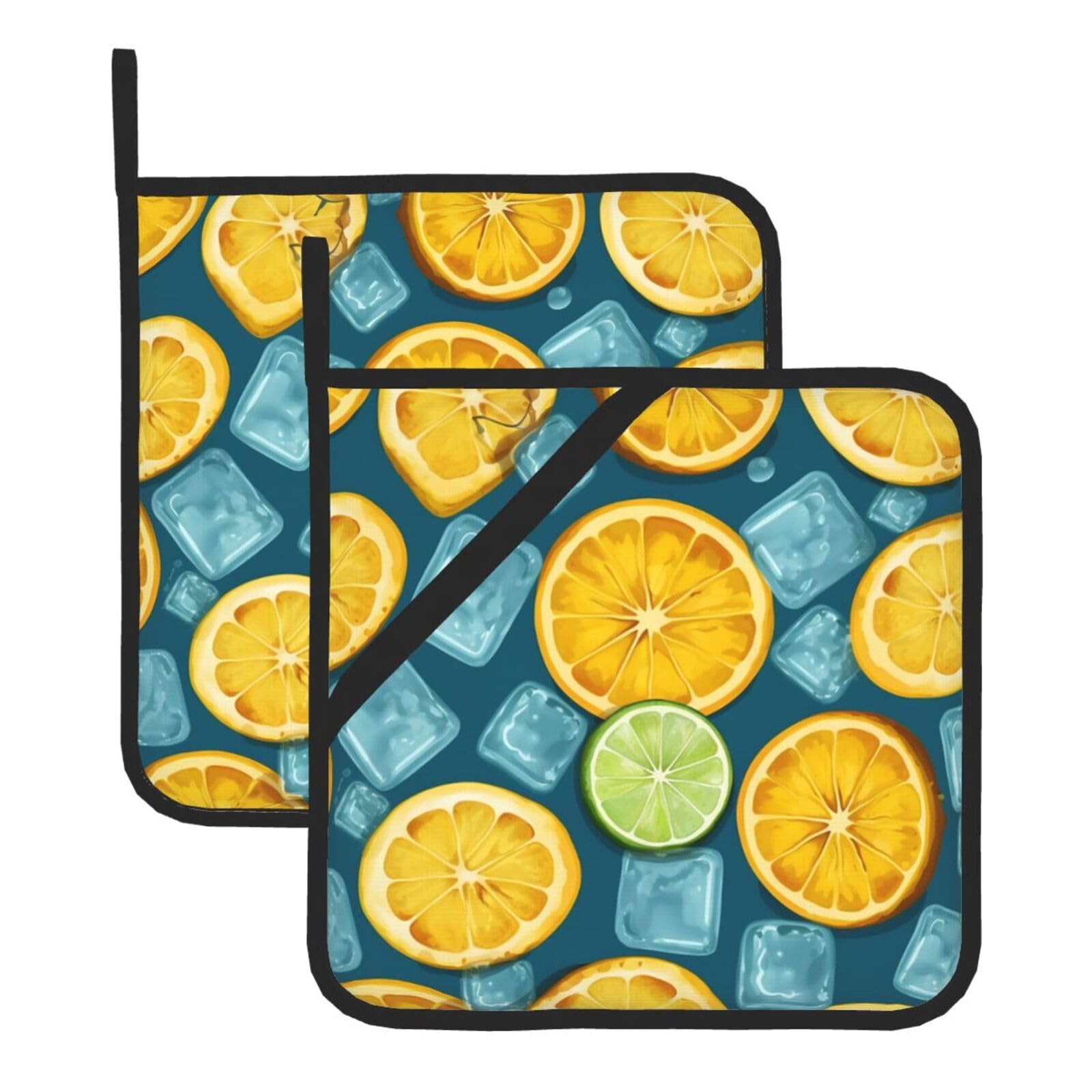 2 Pack Ice Cubes and Lemon Pot Holders for Kitchen Heat Resistant Pot Holders with Pocket Oven Potholders Washable Hot Pads for Cooking Baking Oven Pans Trivet 8x8 Inches