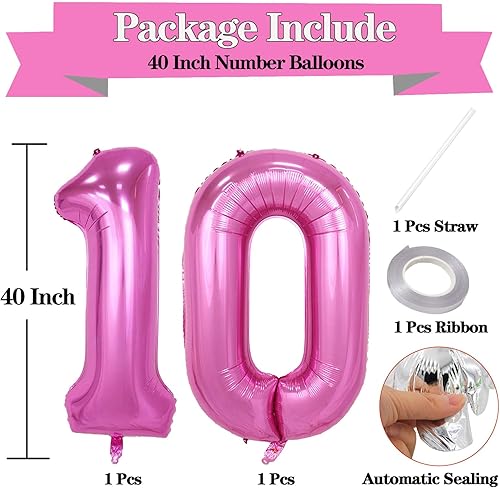 Miniatura 2 de Globos de 40 pulgadas de color rosa con el número 10, globos grandes de Mylar de aluminio de número 10 para decoraciones de fiesta de cumpleaños de