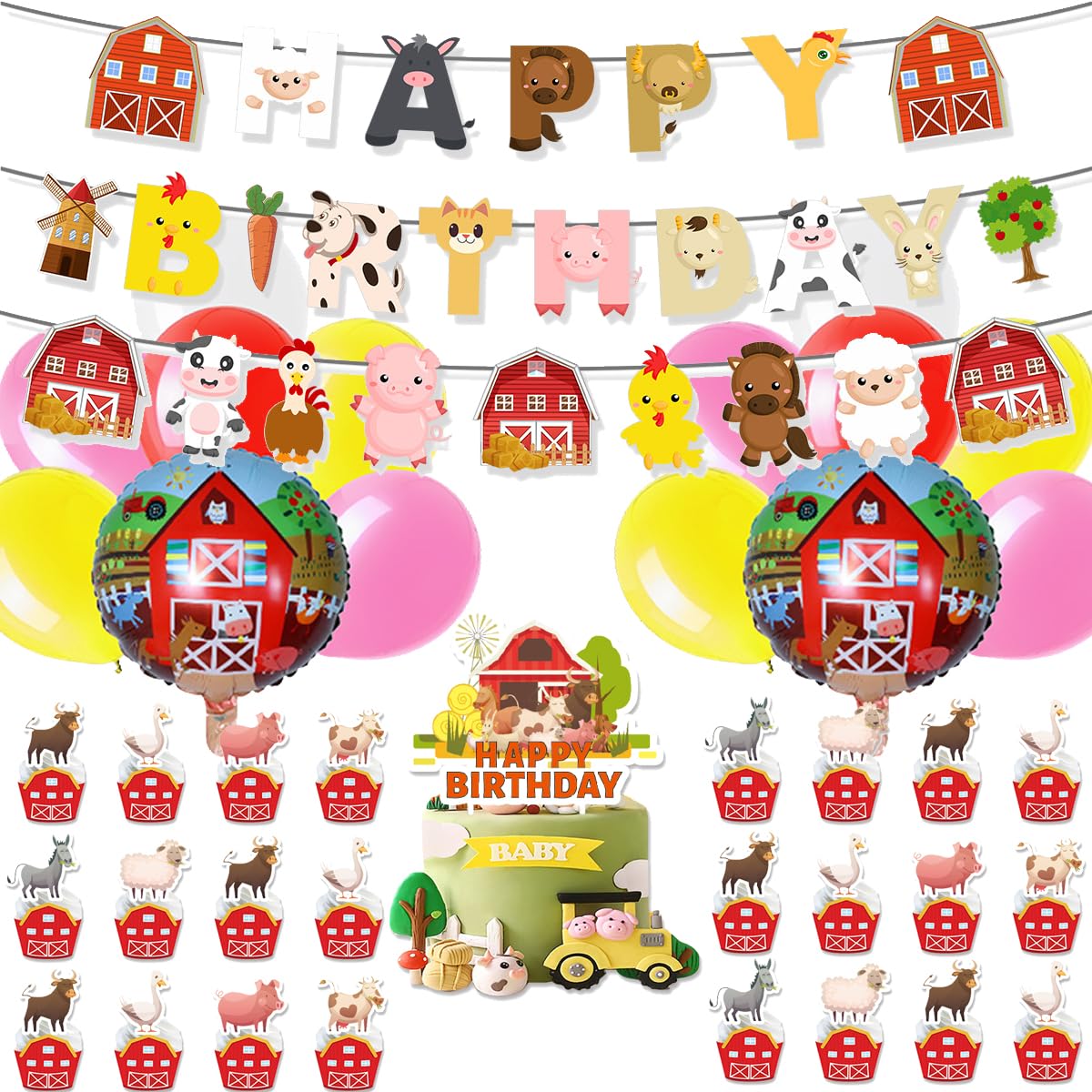 Fuwraixis Farm Balloon Decoration, 41 pieces Piglet and Cow birthday Party Deco, Farm Theme Party Supplies Set, Includes birthday banners, Garland, cake toppers and balloons