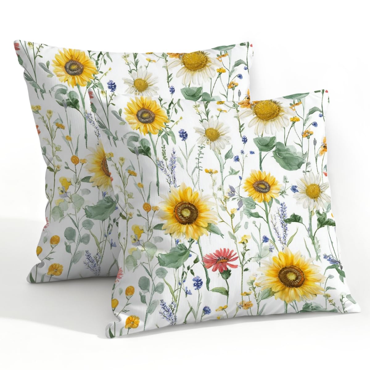 Outdoor Pillow Covers Waterproof Pillowcases 22x22in Set of 2 Watercolor Wildflowers Sunflower Decorative Throw Cushion Case for Couch Sofa Garden Patio Furniture