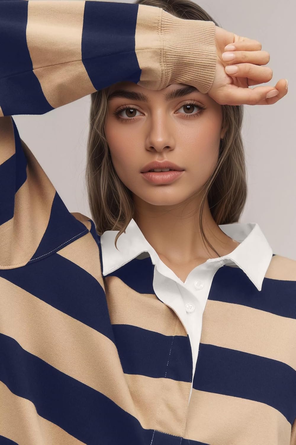 Women Striped Polo Sweatshirt Dress Long Sleeve Oversized Collared Pullover Button Front Casual Mini Dresses - Image 2