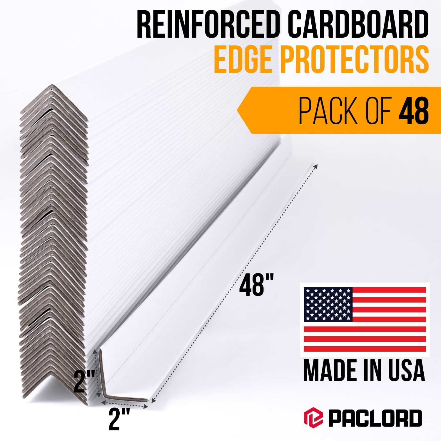 48" x 2" x 2" Reinforced Cardboard Edge Protectors, White (Pack of 48) – 0.16" Thick Heavy-Duty Cardboard Corner Protectors for Shipping – American Quality V-Board Pallet Edge Guard