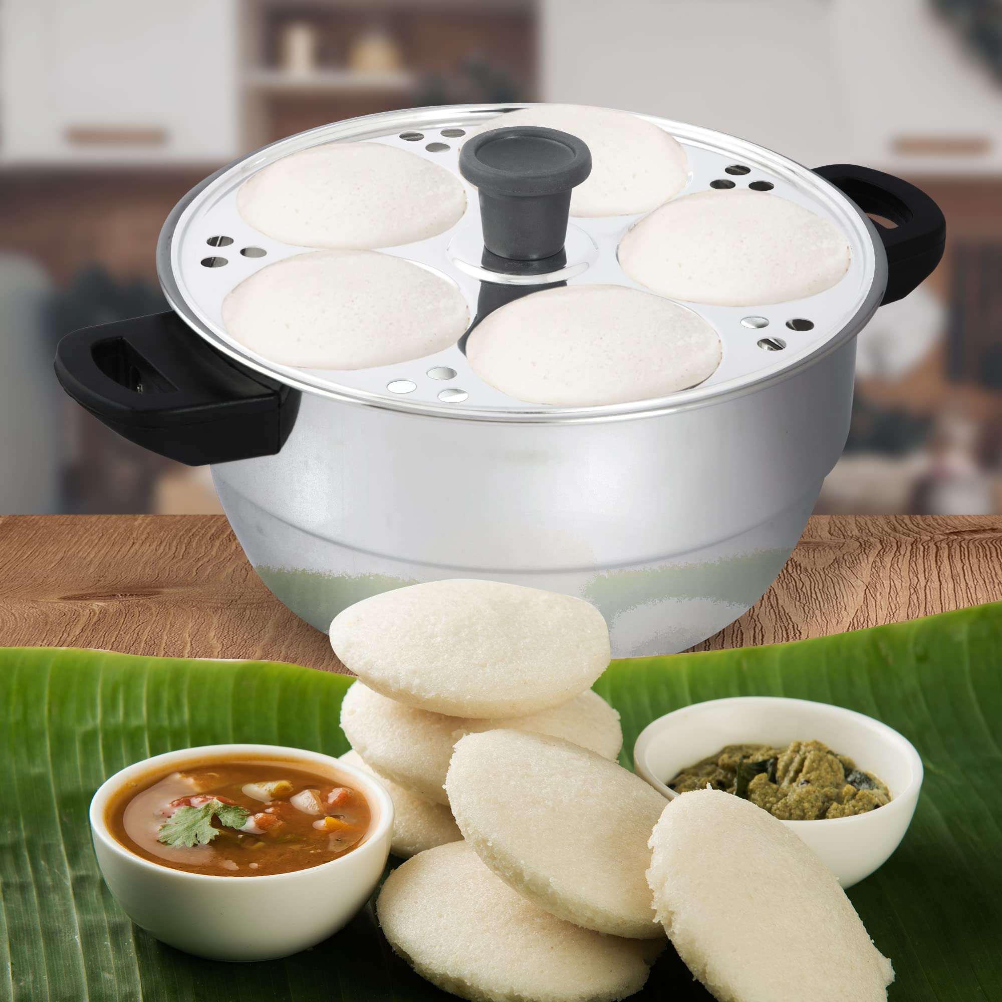 Roestvrijstalen sandwichbodem Probeer Ply Inductiebasis Multifunctionele Kadai (20cm) Set met stalen deksel en 2 idli-platen, 2 Dhokla, Patra plaat