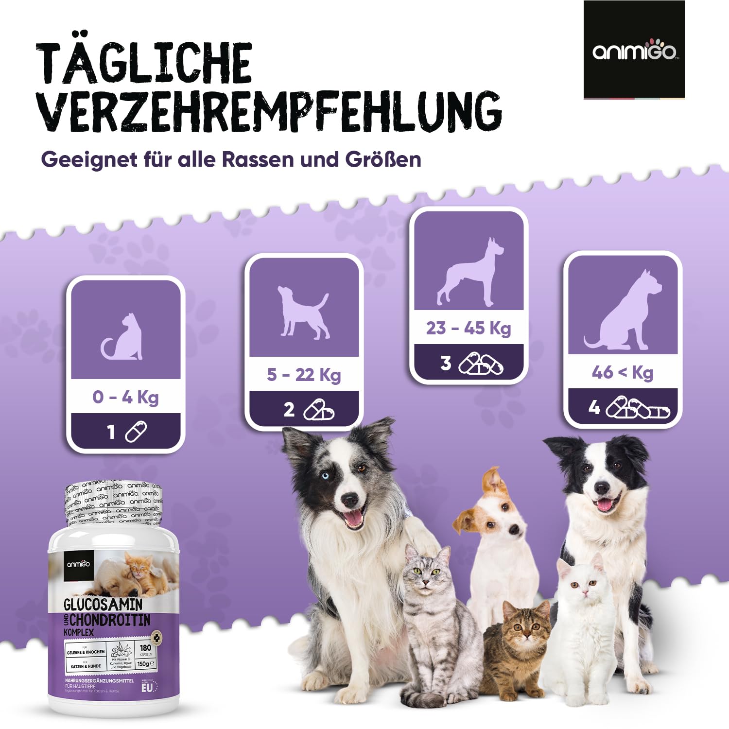 Glucosamin Chondroitin Komplex - 180 Kapseln - Knorpelaufbau, Gelenke & Knochen - Gelenkkapseln Hunde & Katzen - Mit Kurkuma, Ingwer, Vitamin C - Alternative zu Gelenktabletten, Grünlippmuschelpulver