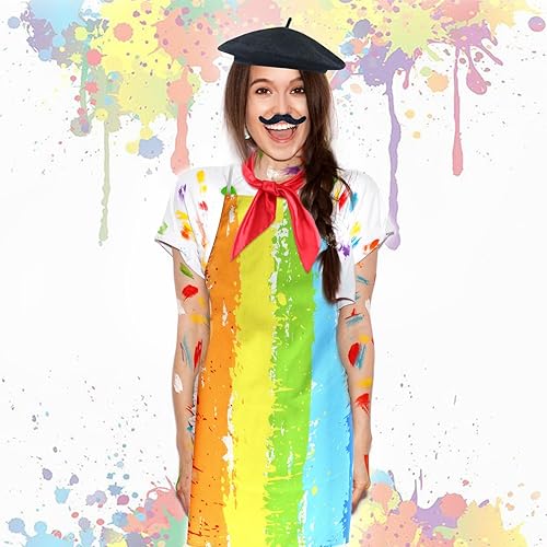 Miniatura 5 de Kyson Disfraz de artista para adultos, 8 piezas, pintor, Halloween, vestido con boina, delantal, paleta, pinceles, aretes, bandana y barba