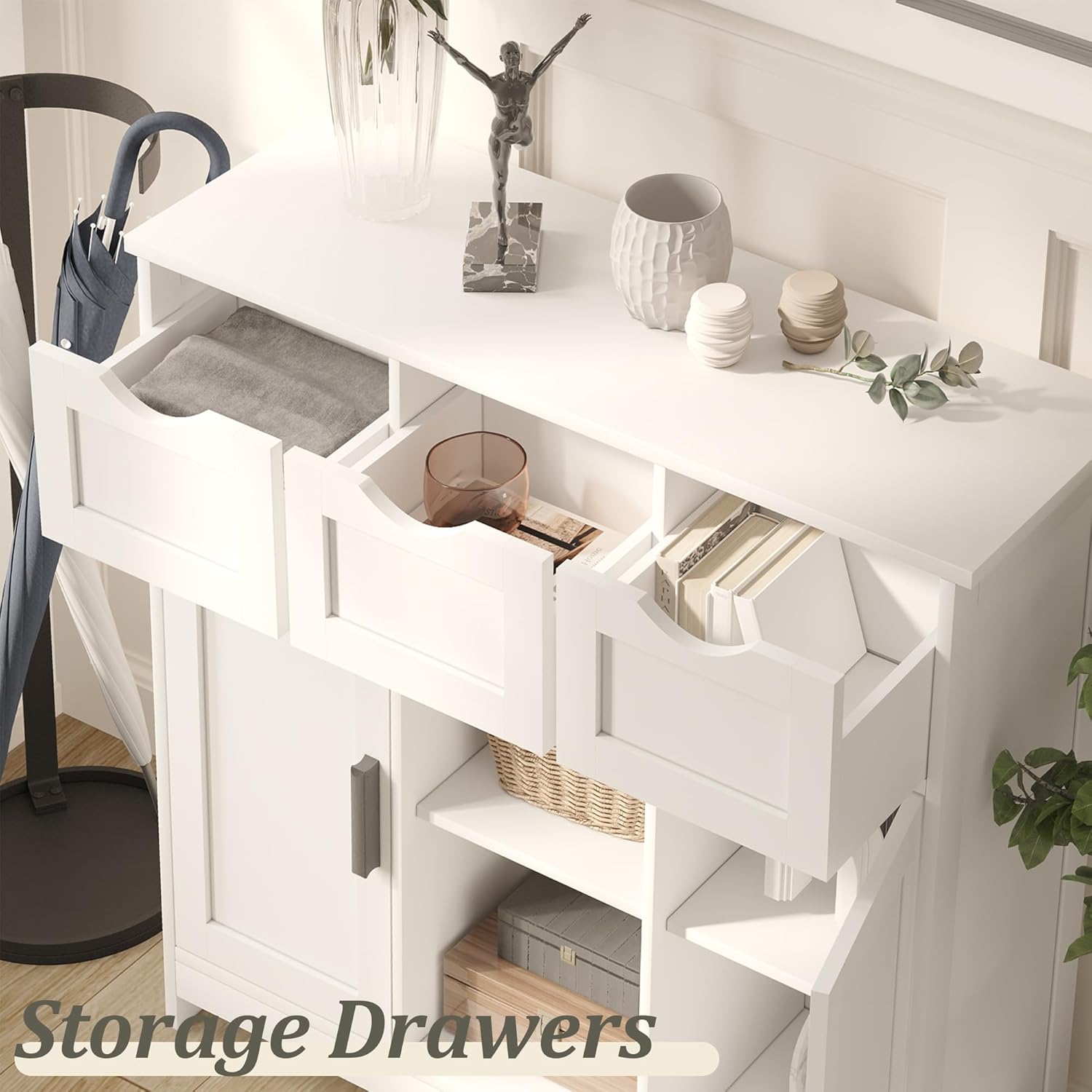 Modern White Storage Cabinet with 3 Drawers for Storage, Farmhouse Floor Cabinet with Shelves for Bedroom,Living Room