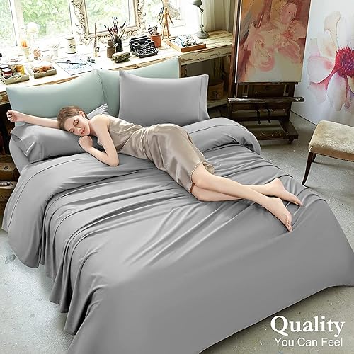 Miniatura 6 de LBRO2M Juego de sábanas de 1000 hilos 100% algodón, juego de sábanas tamaño King de 4 piezas, bolsillo profundo de 16 pulgadas, ropa de cama súper