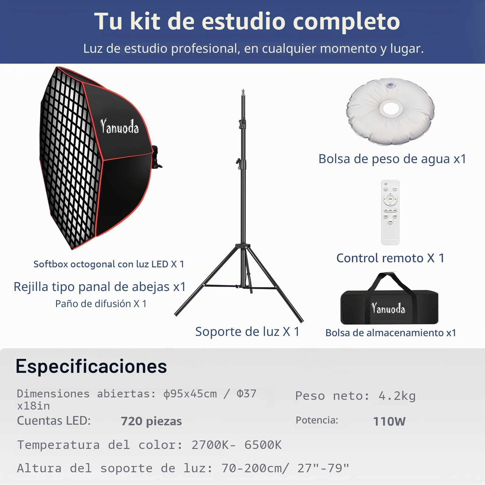 Softbox Octogonal 95cm Profesional - Luz LED de Video 110W Dimmable CRI 97, Incl. Trípode, Difusor & Rejilla, Mando a Distancia para Retrato, Video, Youtube, TikTok Calidad Estudio