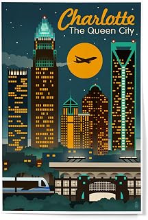 Lantern Press 12x18 Inch Art Print Wall Decor, Charlotte, North Carolina, Retro Skyline