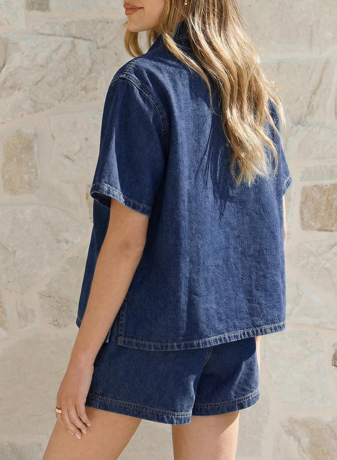 Sidefeel Womens 2 Piece Sets Denim Summer Outfits Comfy Short Sleeve Button Down Shirt High Waisted Shorts Lounge Sets