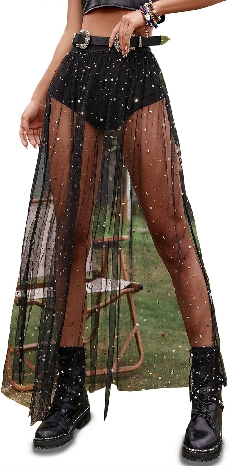 Rave Outfits for Women 2 in 1 Sheer Skirt Festival Clubwear Mesh High Waist Print A Line Maxi Skirt