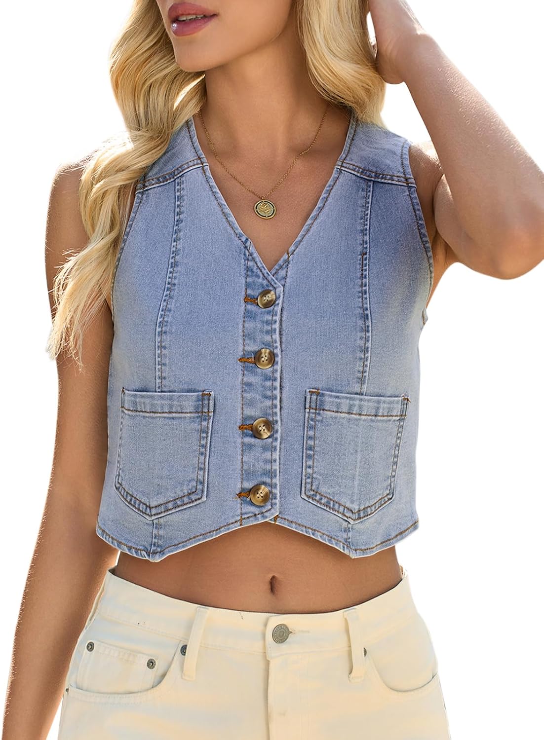 Yousify Women's Summer Tops Denim Vest Sleeveless V Neck Button Down Jean Y2k Crop Jacket With Pocket
