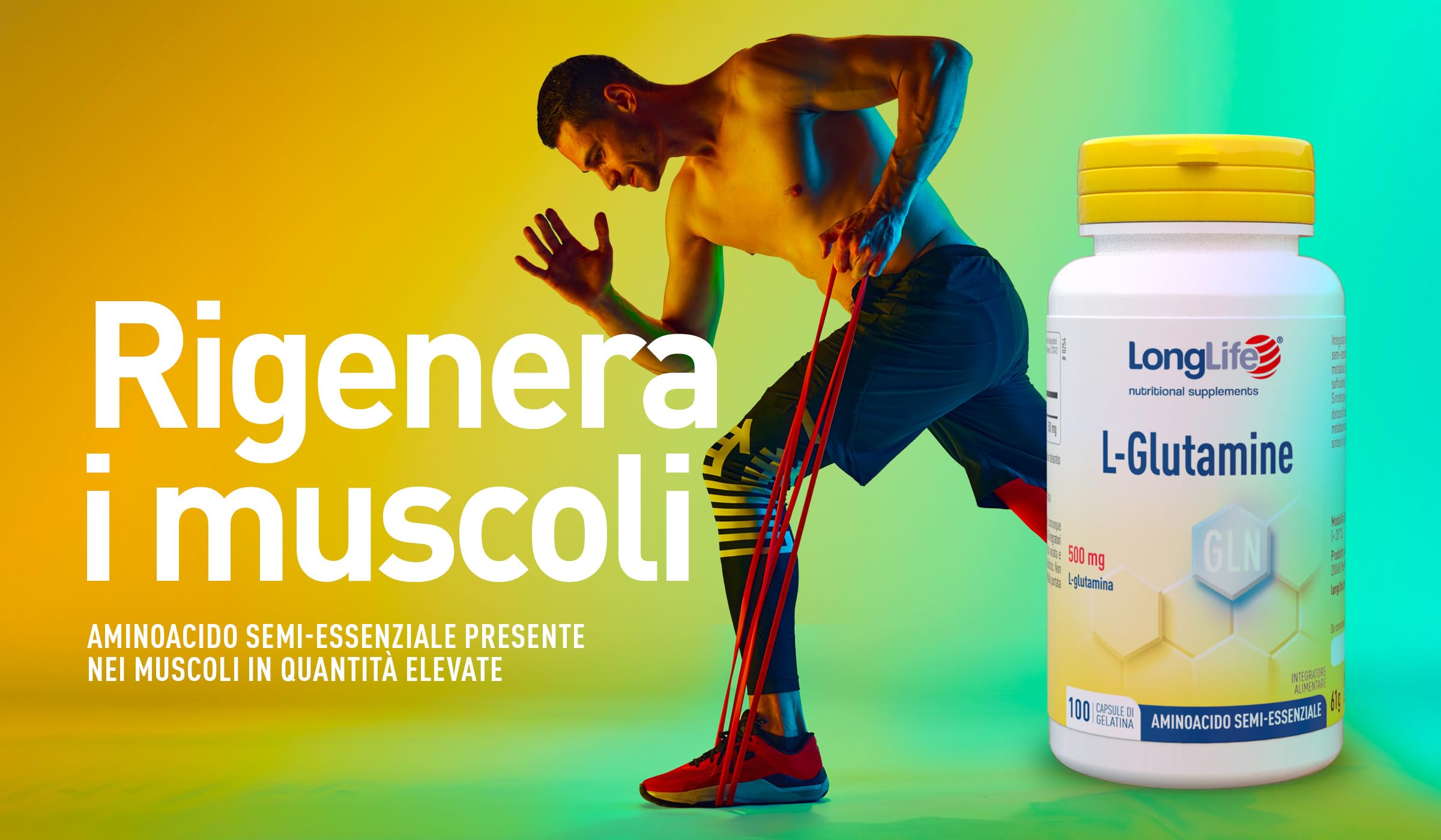 LongLife® L-Glutamine | 500 mg | Aminoacido semi-essenziale | Turnover proteico | Supporto muscolare | Alta purezza e qualità | 100 capsule di gelatina | Senza glutine e doping free