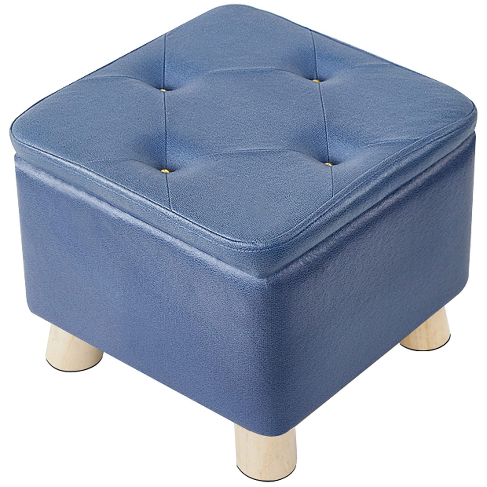 Tabouret pouf coffre bleu en tissu technique haut de gamme et pieds en bois