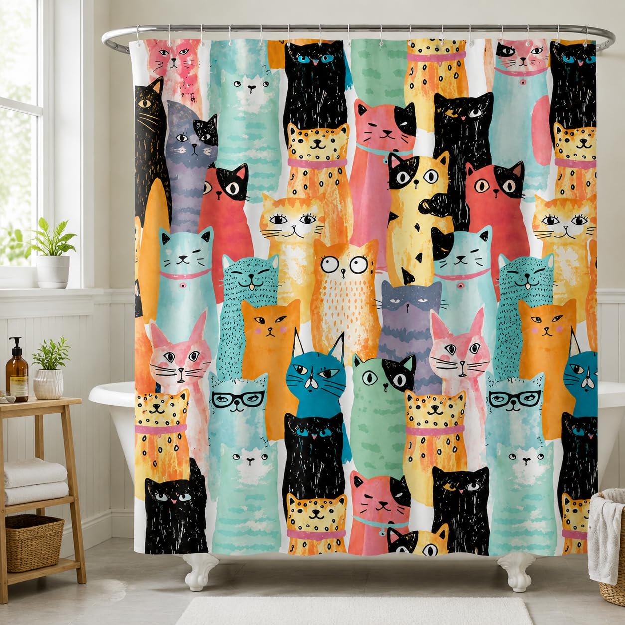 Funny Cat Shower Curtain with Hooks, Modern Folk Art Bathroom Decor