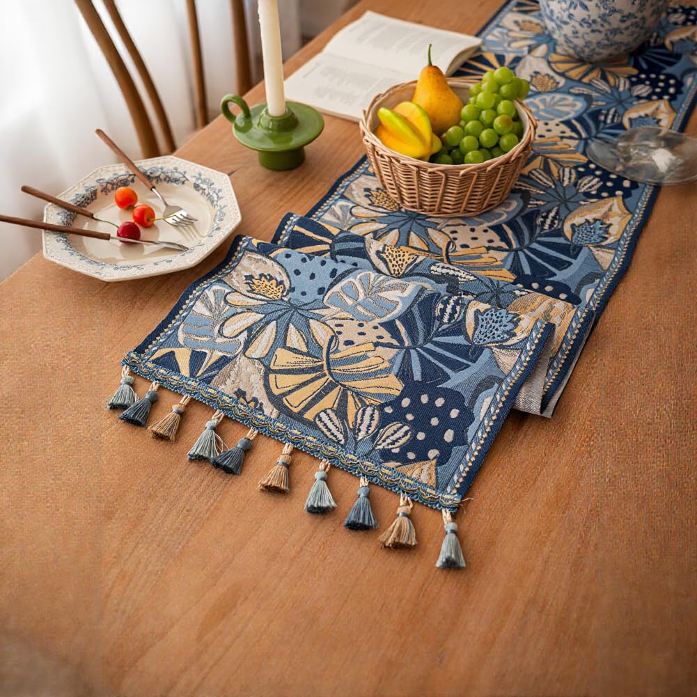 Elegante tavolo jacquard per runner con nappe per feste stagionali, poliestere blu lino per sala da pranzo (35 x 120 cm blu)