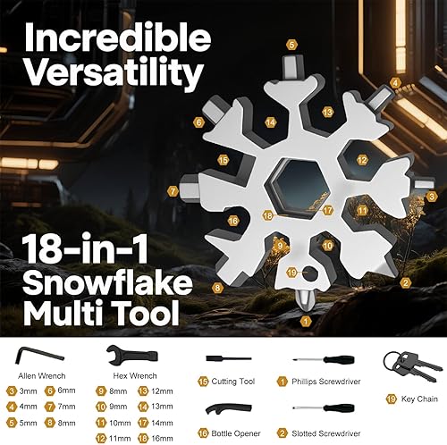 Miniatura 3 de Paquete de 2 multiherramientas 18 en 1 de copo de nieve, acero inoxidable con mosquetón, abrebotellas y llave, mini herramienta para exteriores,