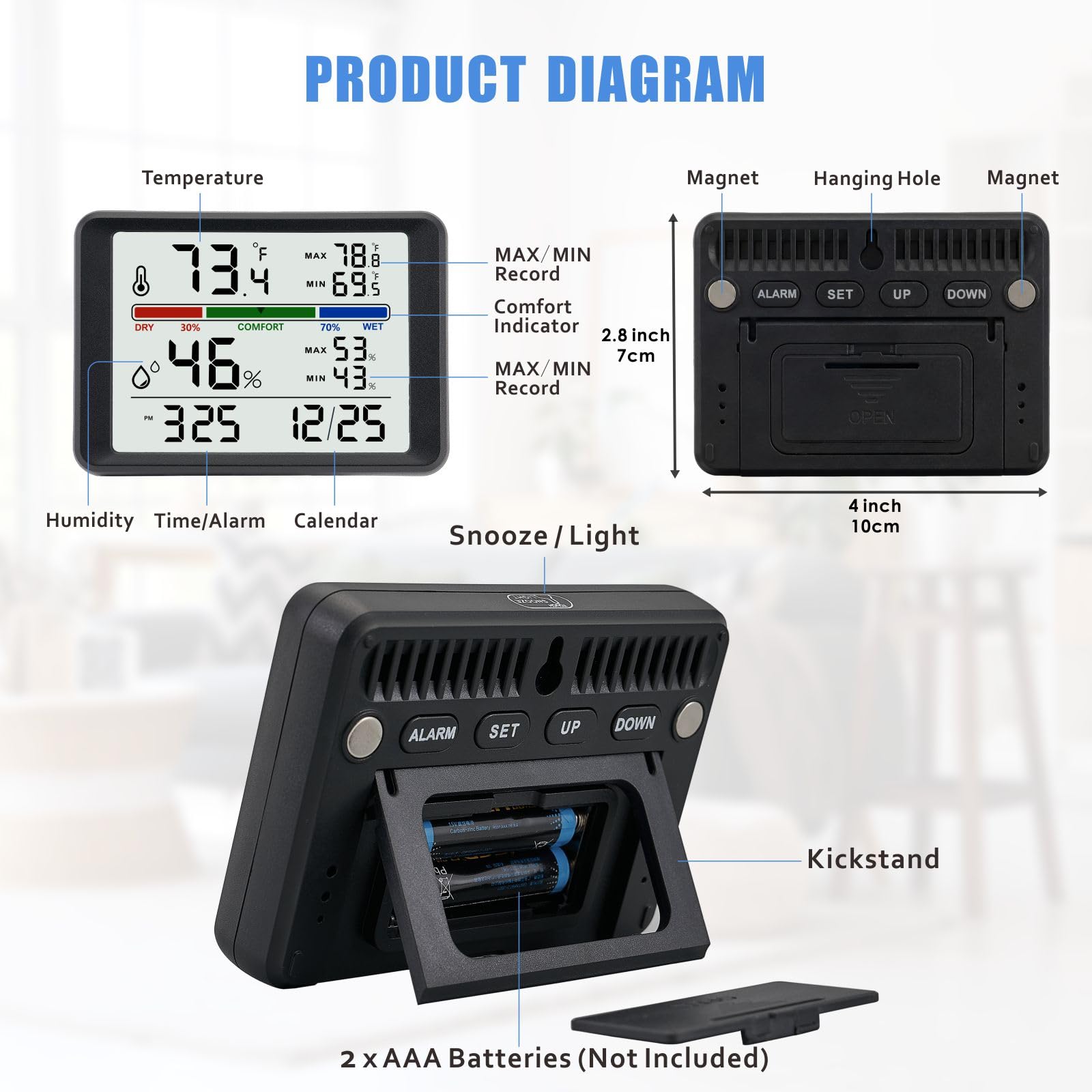 Digital Thermometer Hygrometer, Plumeet Indoor Wall Thermometer with Backlight, Digital Alarm Clock, Date, Air Comfort Indicator, Max Min Record, Desktop Thermometer for Home, Black — view 6