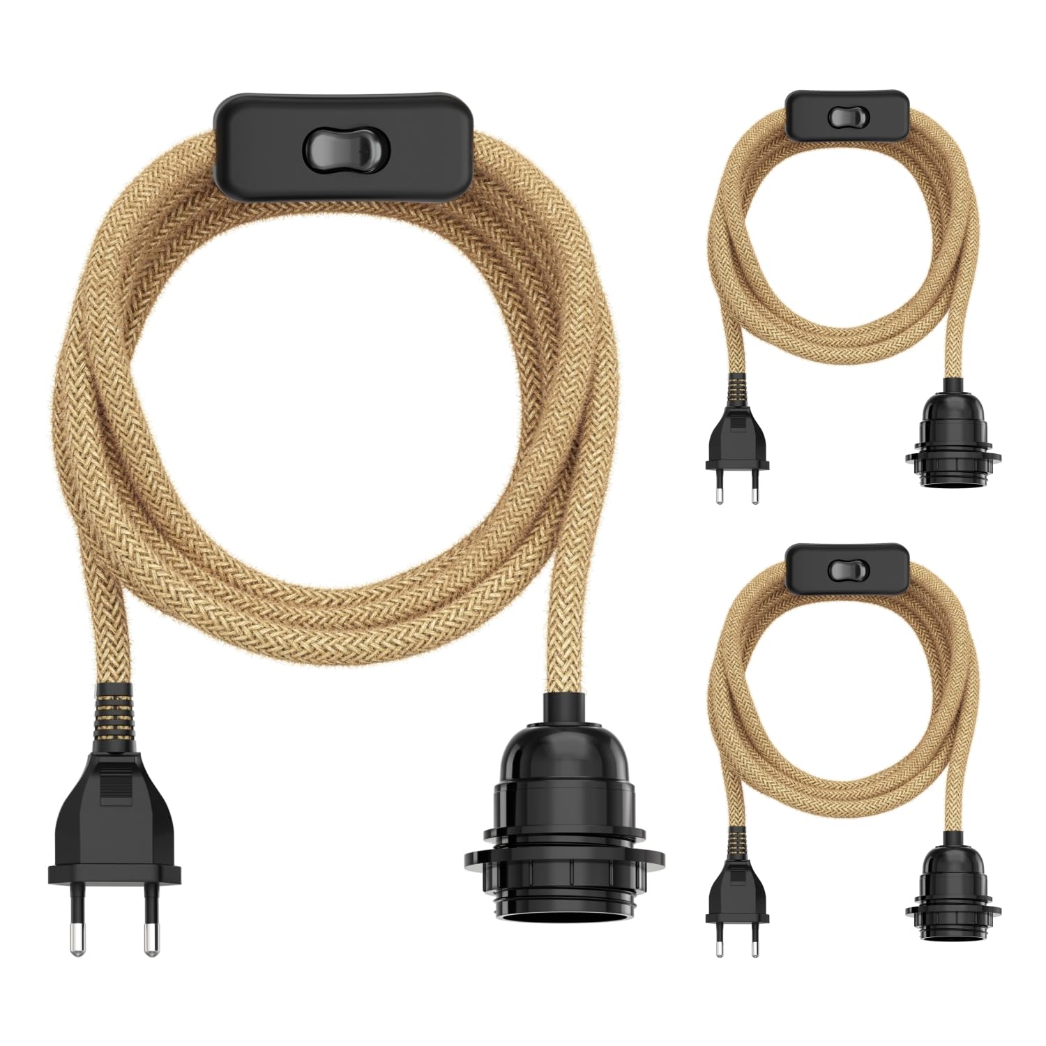 ledscom.de 3 Stück Hanf-Kabel/Textilkabel LEKA, Stecker, Schalter, beige, 3 m, Lampen-Fassung, 1x E27 max. 60W