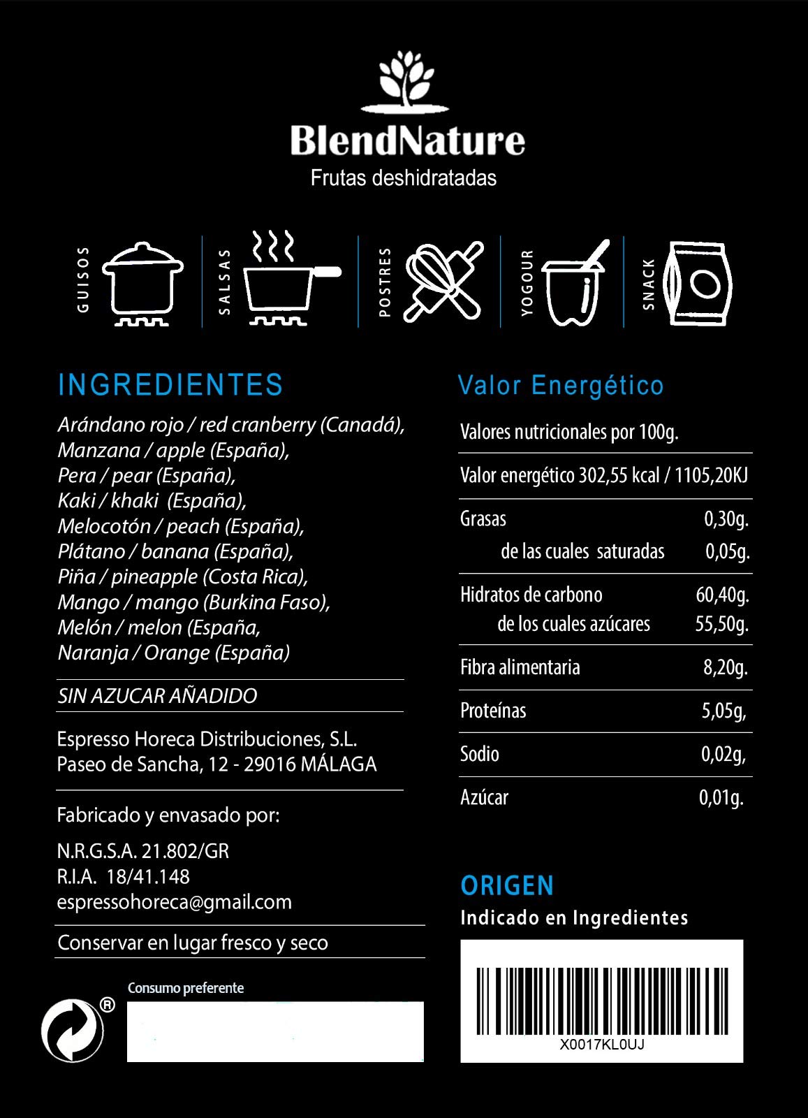 Fruta Deshidratada Sin Azucar Añadido - MIX 10 Mango Naranja Platano Manzana Pera Kaki Melocoton Piña Melon Arandanos 500g - 100% Natural – Ideal para Pasteles Cocteles o Snack – Sin Gluten
