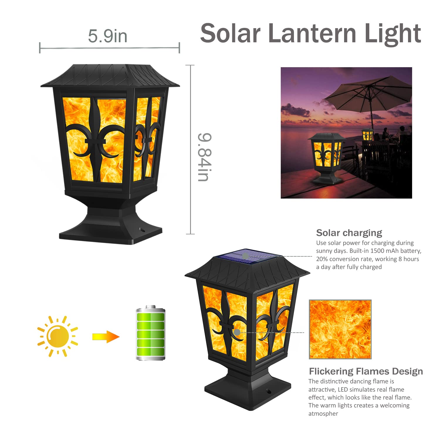 Bebrant Solar Post Light, Flickering Flame Post Cap LED Lamp, Solar Powered 2 Modes Waterproof Lighting for Outdoor Deck Fence 4x4 5x5 6x6 Post Top Pathway Garden Patio Yard Decoration (2 Pack)