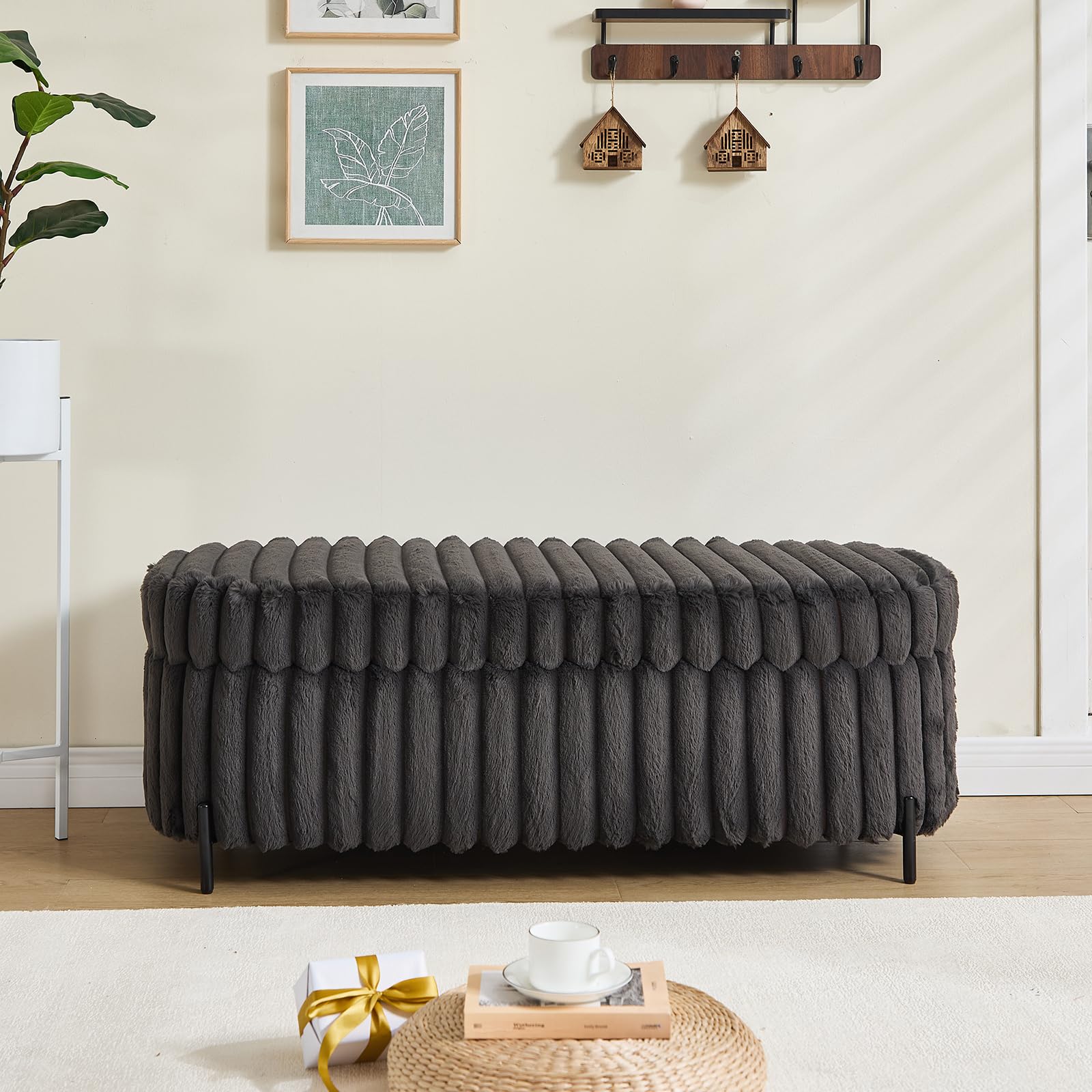 Kurhwyss 49.2" Storage Ottoman Bench, Faux Rabbit Fur Upholstered Foot Stool, Bedroom End of Bed Bench with Black Metal Legs, Padded Flip Top Ottoman