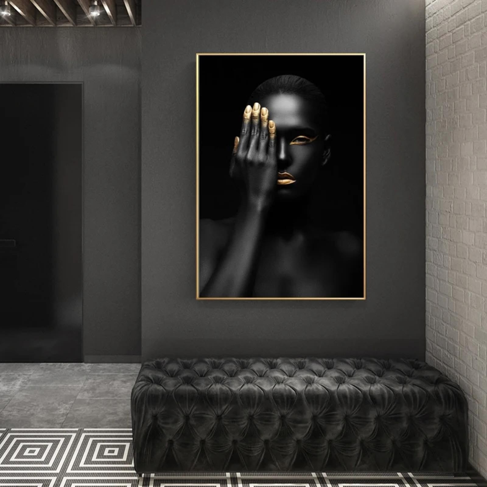 JACBON Porträt-Poster und Drucke, Wandkunst, Leinwandgemälde, dunkelhäutige Frau mit goldenem Make-up, Bilder für Wohnzimmerdekoration, 60 x 85 cm (24 x 34 Zoll), Innenrahmen