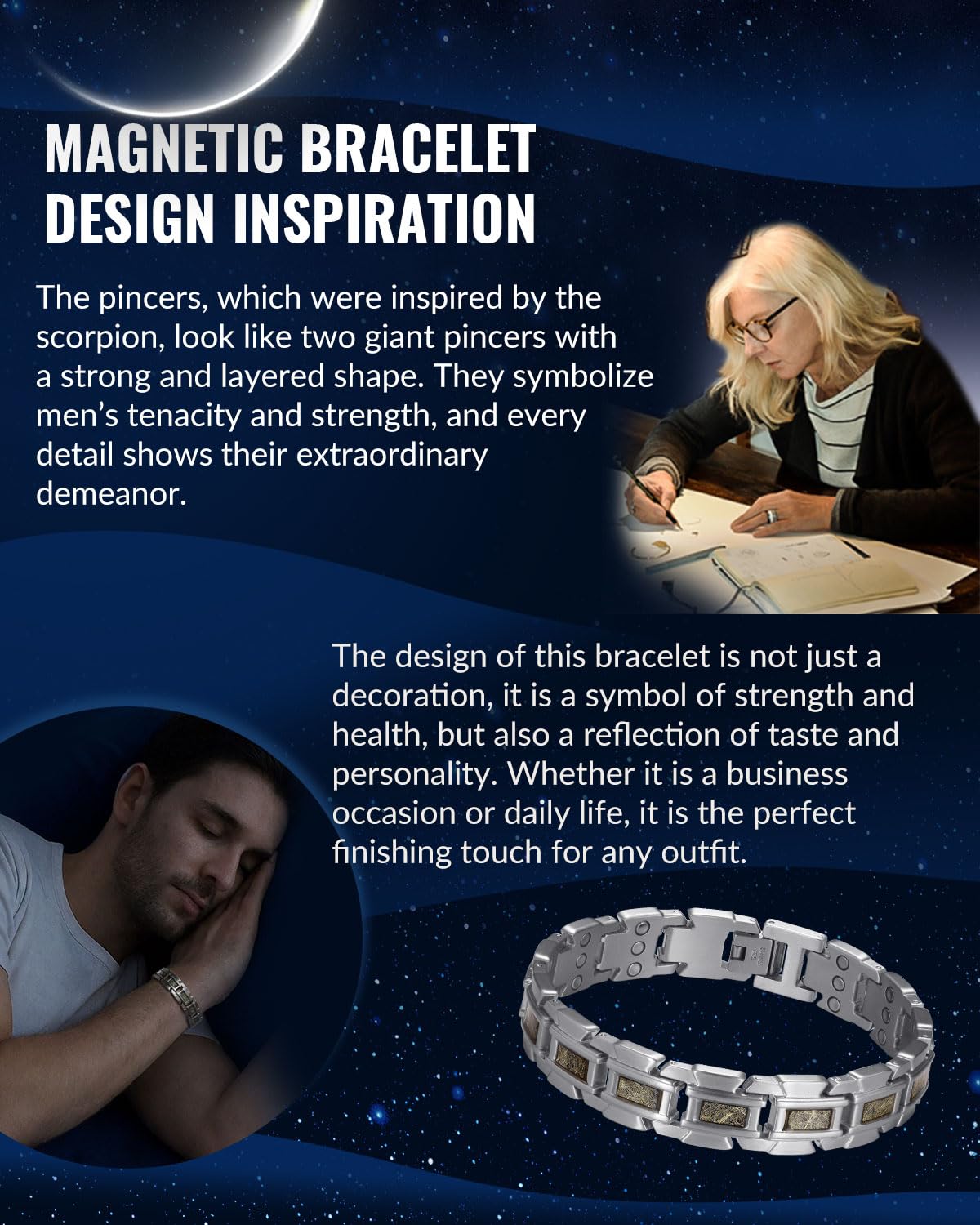 RainSo Bracelet magnétique pour homme, bracelet magnétique à trois rangs en acier inoxydable avec fermoir Scorpion, livré avec un outil de retrait de maillons gratuit (argent et champagne)