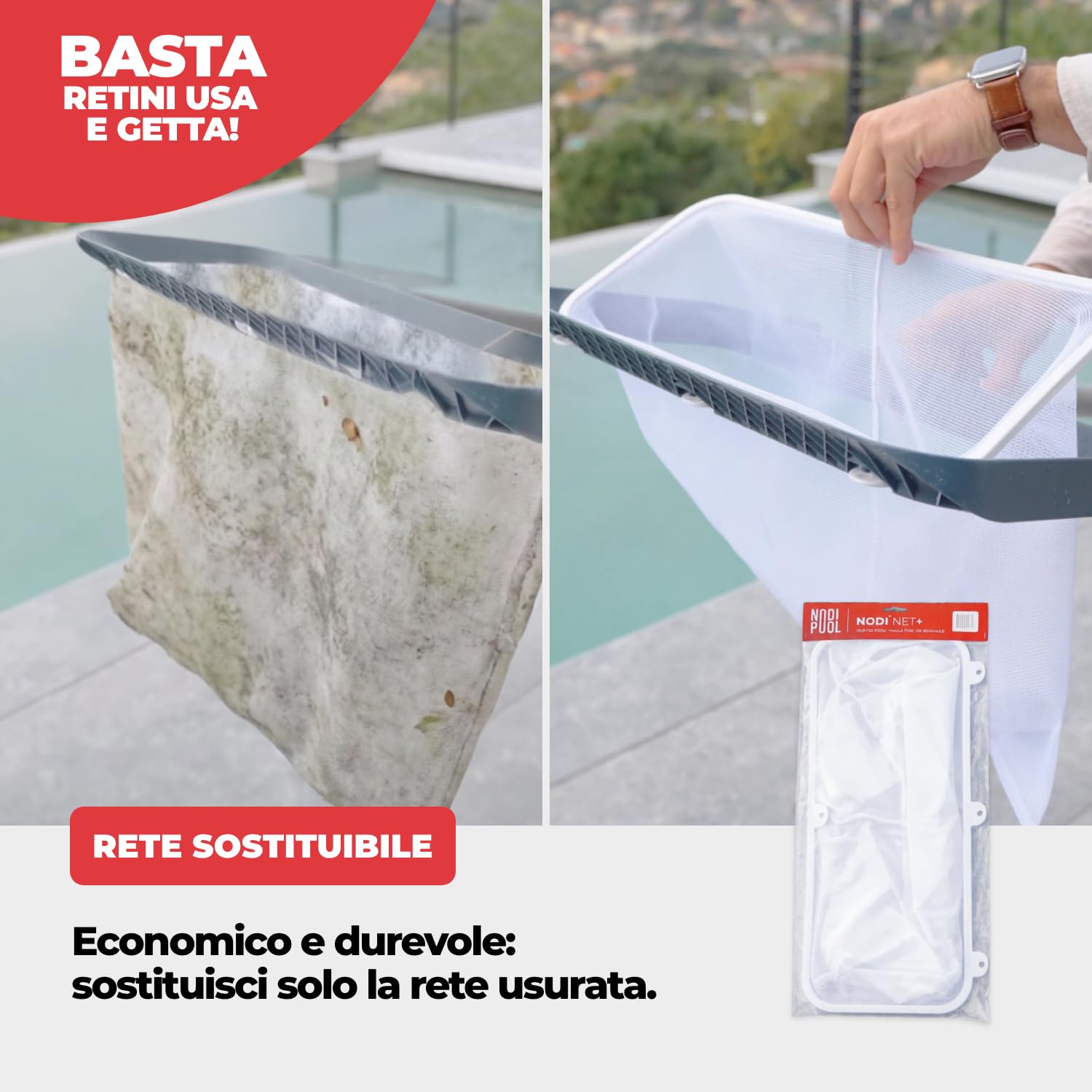 Nodi Net+ | Retino da Piscina Professionale 3-in-1 | Fondo, Superficie e Vano Tapparella Sommersa | Resistenza 32 kg | Rete Sostituibile | Duraturo ed Economico