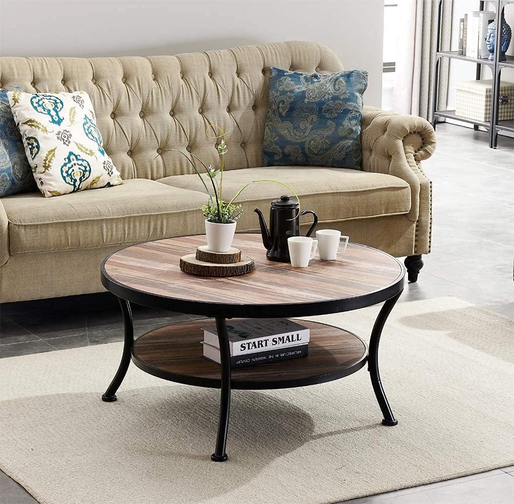 Rustic Round Coffee Table for Living Room, Industrial Cocktail Table with Open Shelving, Vintage Brown Finish,1-Pcs