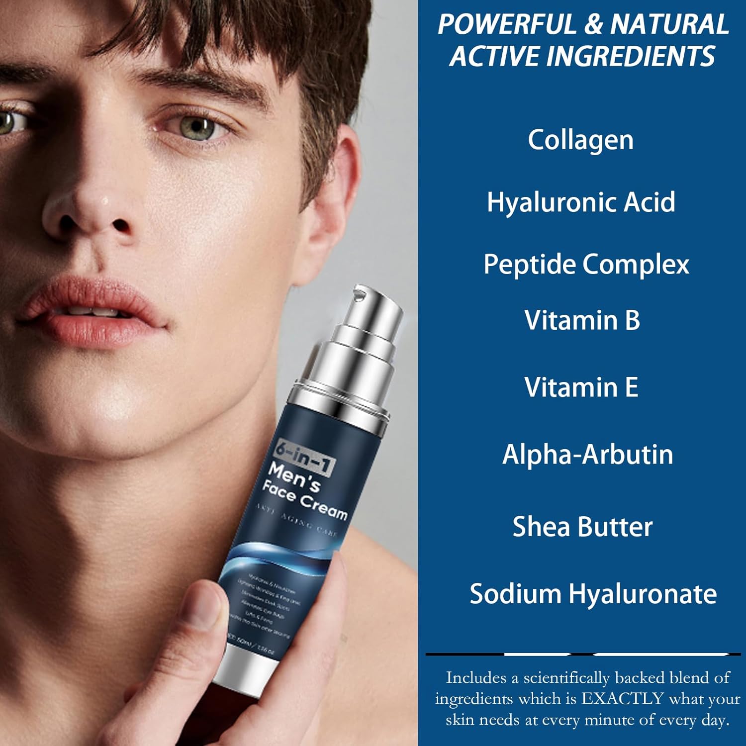 6 in 1 Face Cream for Men – Anti Aging Men’s Moisturizer with Collagen, Hyaluronic Acid and Shea Butter – Daily Skin Care – Reduce the Look of Eye Bags, Dark Circles and Puffiness – 1.76 fl oz (1) - Image 2