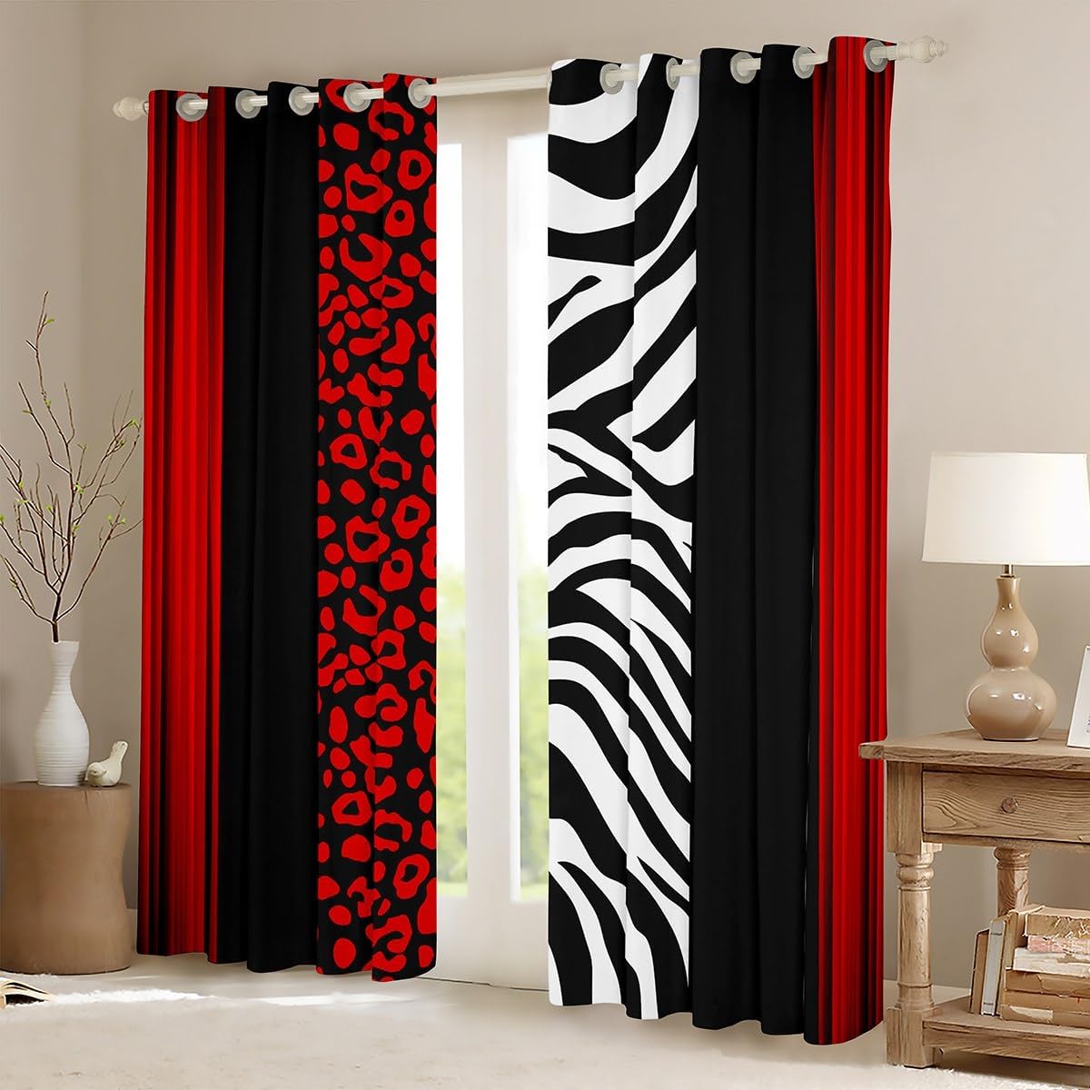 Feelyou Kids Leopard Zebra Curtains for Bedroom Living Room (2 Panels, 52 x 63 Inch) Ombre Red Black Darkening Dreapes Teens Decor Cheetah Blackout Curtains Animal Print Window Treatments
