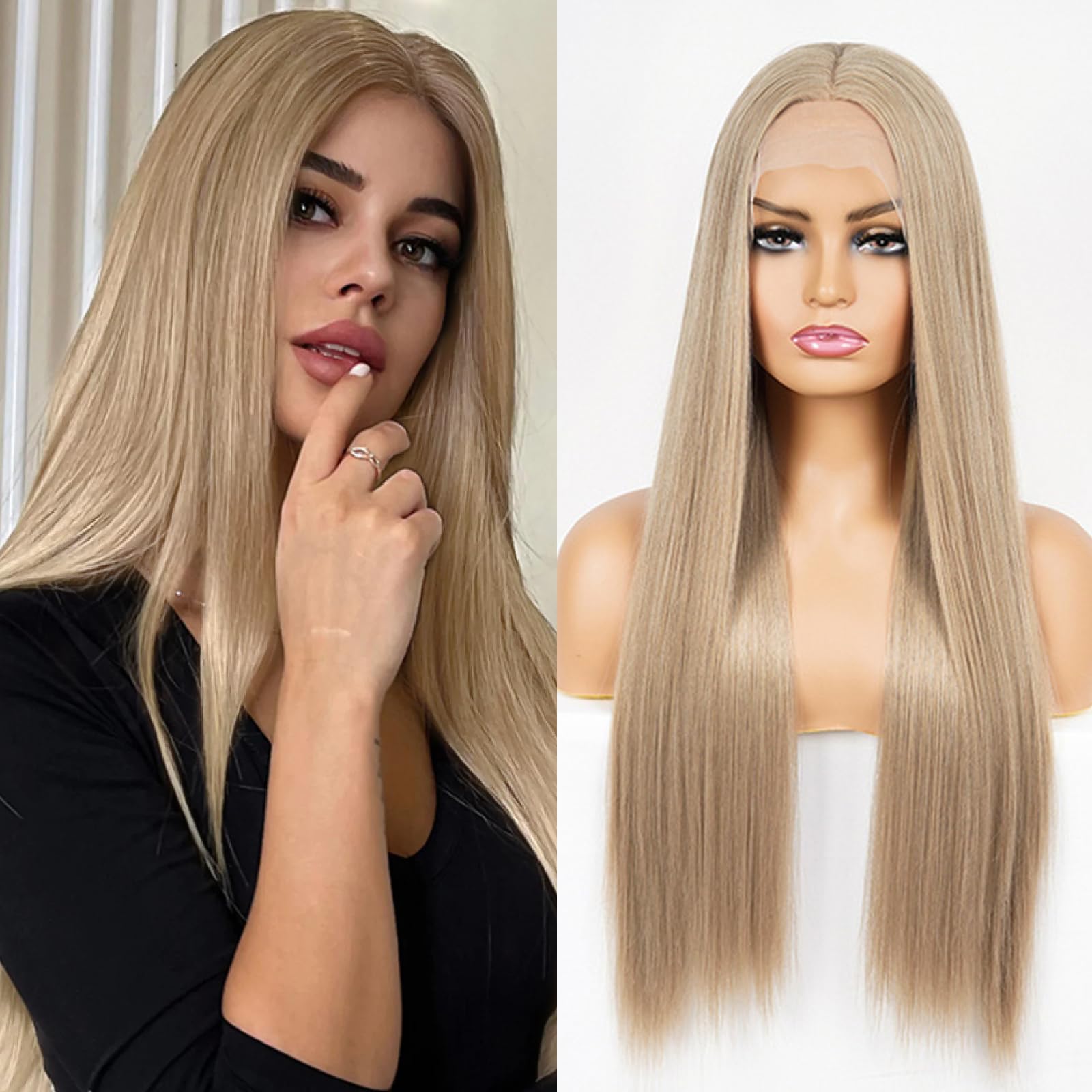 Looxey 13x6 Synthetic Lace Front Wig for Women, 24 Inch HD Transparent Pre Plucked Hairline Glueless Wigs Lace Frontal Natural Synthetic Long Straight
