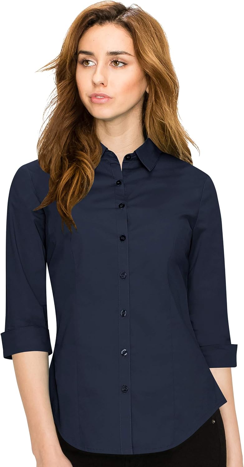 Made By Johnny MBJ Women's Solide 3/4 Sleeve Stretchy Button Down Collared Office Formal Casua Blouse (S~3XL) - Image 3
