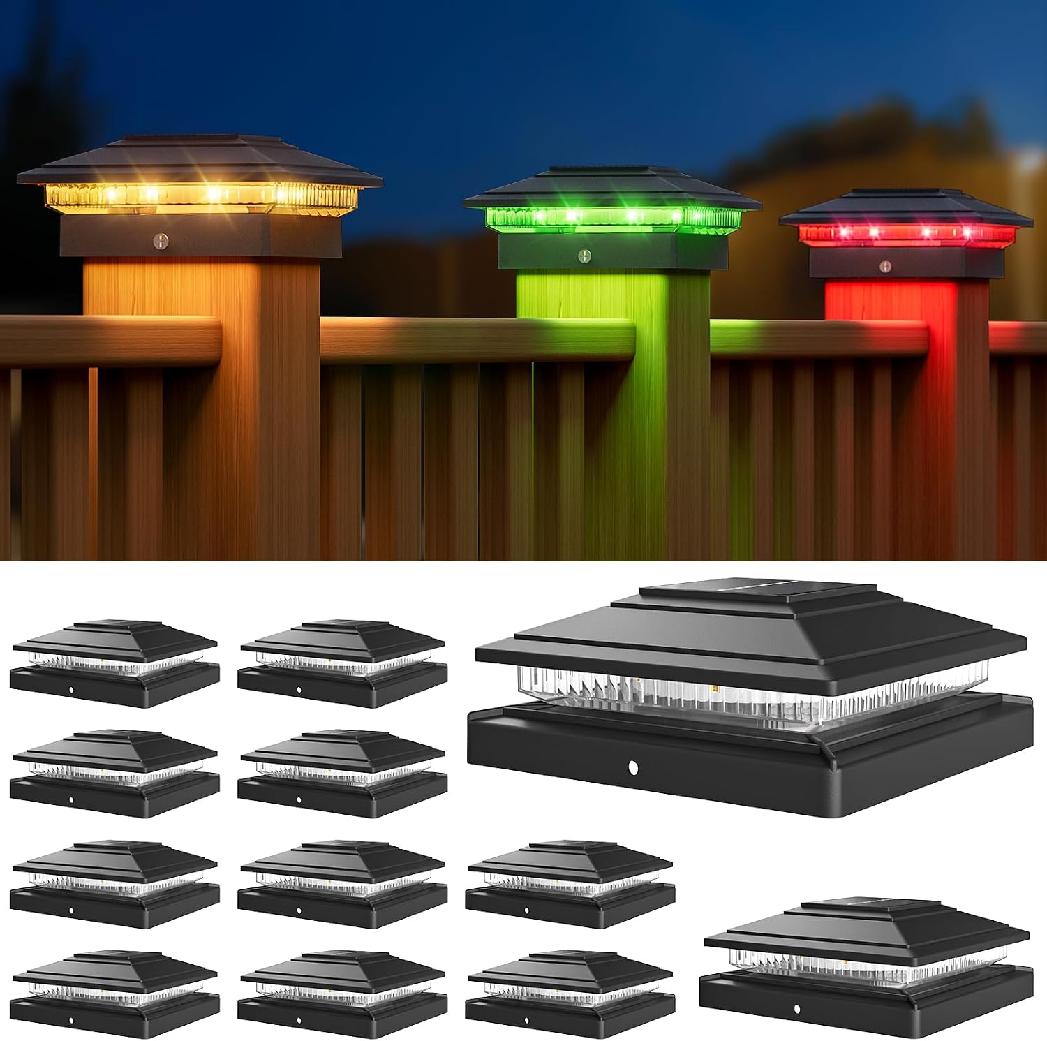 APONUO Solar Post Cap Lights 6-Pack, White IP64 Waterproof 16 LED Fence Post Solar Lights for 4x4 5x5 6x6 Wood/Vinyl Posts, 2-Mode Deck Post Lights Solar Powered, 10-Hr Lighting for Patio Yard Porch
