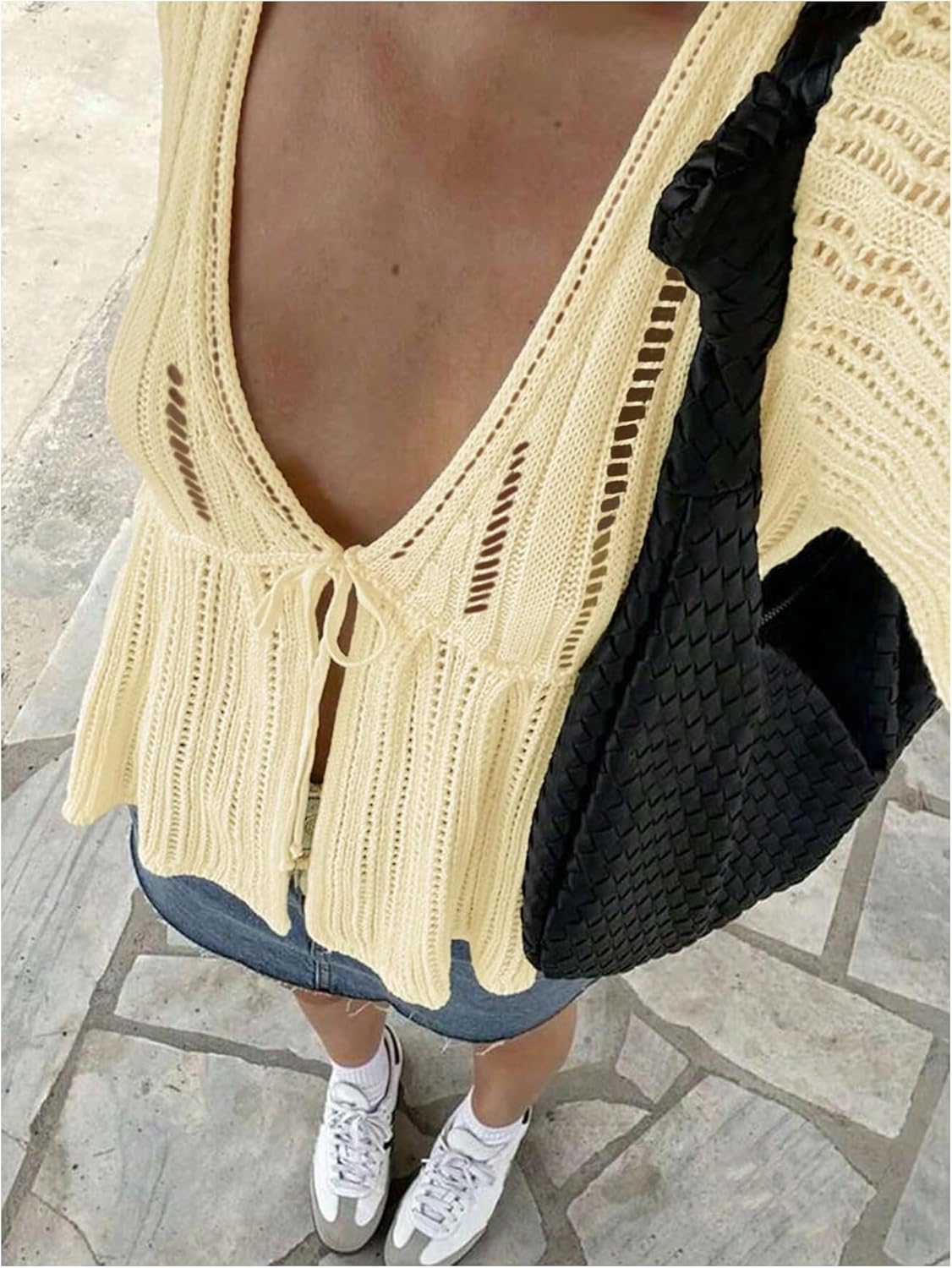 SOLY HUX Women's Crochet Knitted Cardigan Bow Tie Front Deep V Neck Half Sleeve Hollow Out Sweater Tops - Image 4