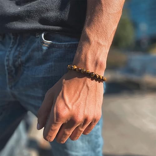 Miniatura 6 de RANKEEF - Pulsera de ojo de tigre para hombre, elástica, ajustable, cuentas de vidrio color negro, 516 de pulgada