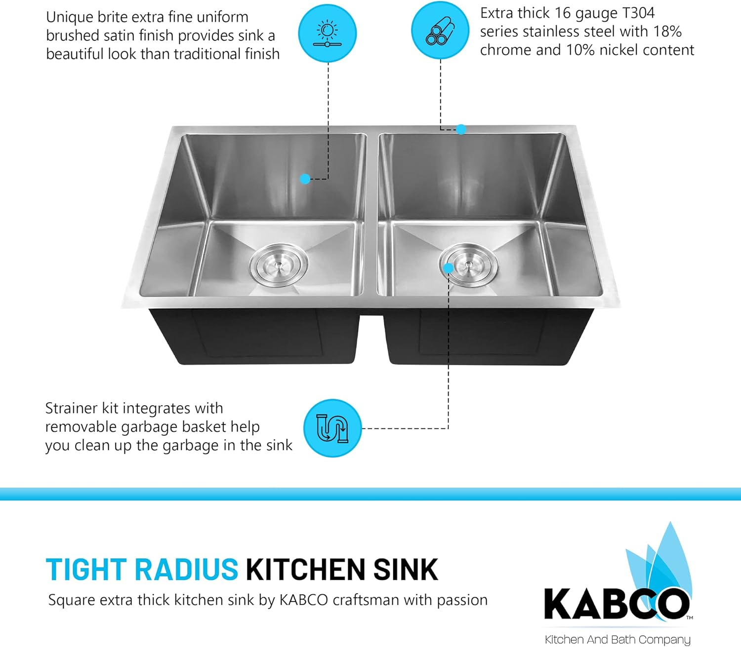 KABCO 16 Gauge 31 Inch Double Bowl Undermount Stainless Steel Kitchen Sink with 2 Pieces Sink Accessories, Rust Resistant Sound and Heatproof Laser Cut Tight Radius SInk for Indoor or Outdoor Kitchens