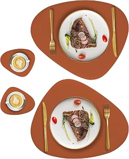 Faux Leather Placemats and Coasters Set, Round Leather for Dinner Table Mats Heat Resistant Washable Insulation Coffee Mats Kitchen Place Mats Nordic Style (Brown, 2 Placemats+2 Coasters)
