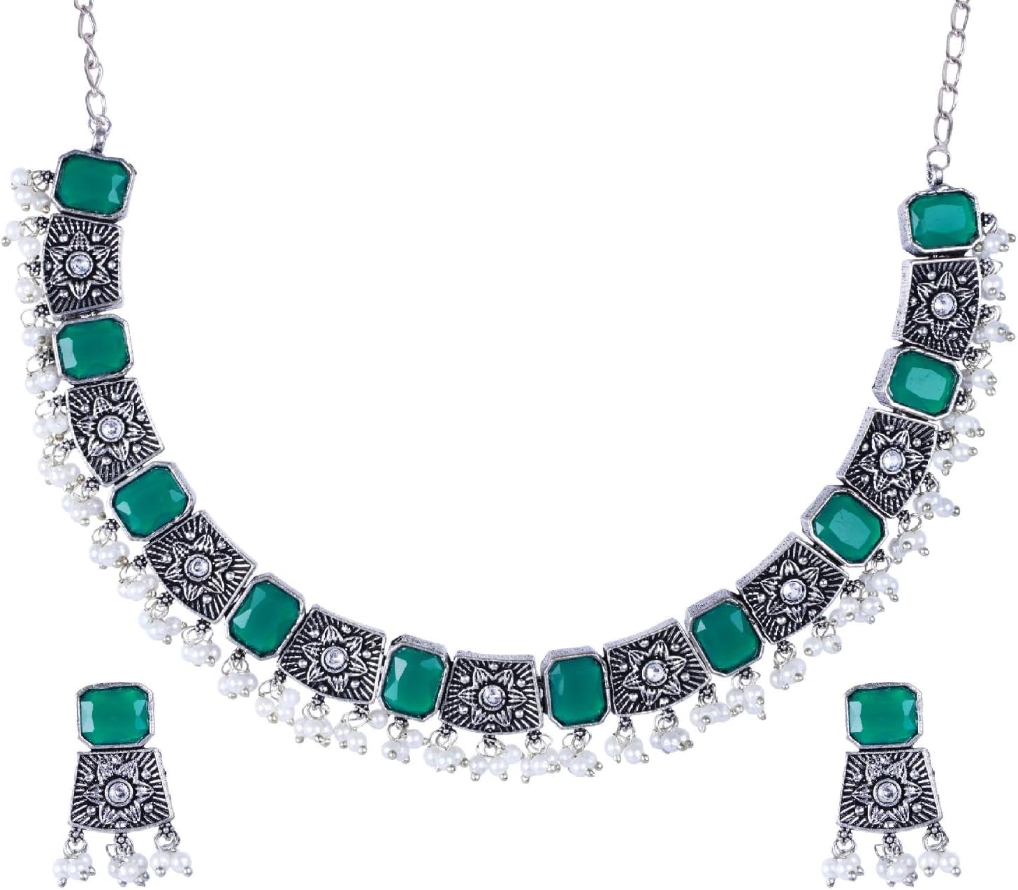 Efulgenz Indian Jewelry Sets for Women Crystal Stone Necklace Sets with Faux Pearl Drop Dangle Earrings Choker Necklace Earrings Set Bohemian Jewelry Set for Women