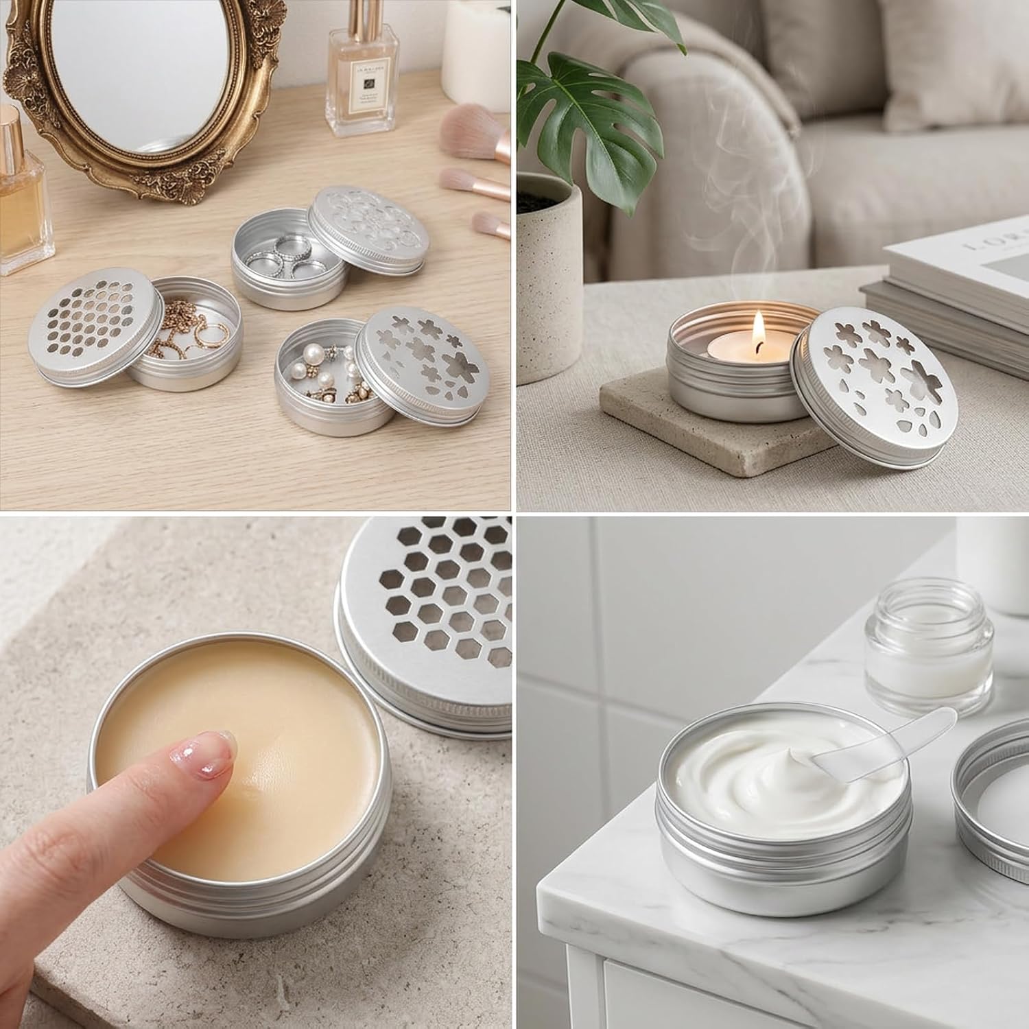 Skrfren 2oz Scent Beads Container, 3 PCS Small Aluminium Tins 60ml Metal Tin Containers Empty Storage Containers with Hollow Lids for Aromatherapy Air Freshener Candles Travel Storage, Silver