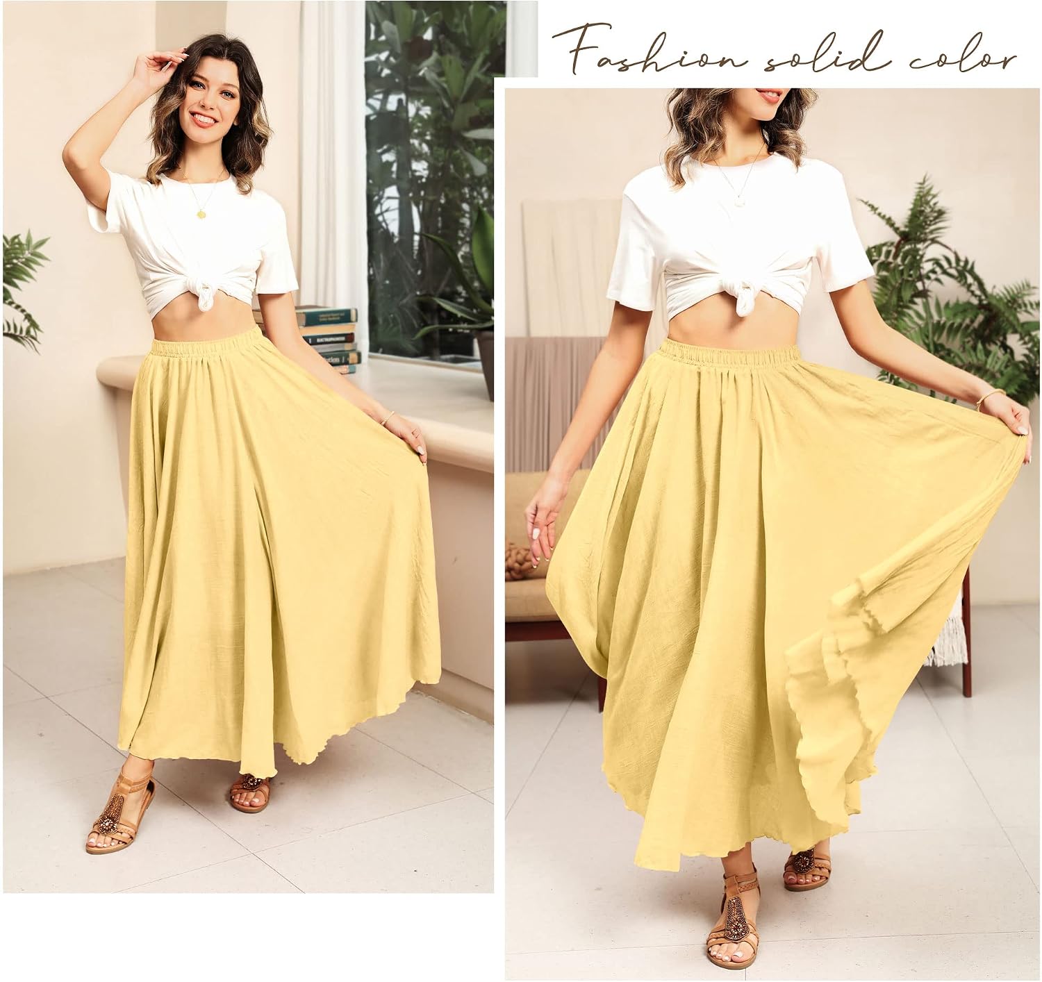 Women Boho Beach A-Line Dress Double Layer Elastic Waist Long Maxi Skirt