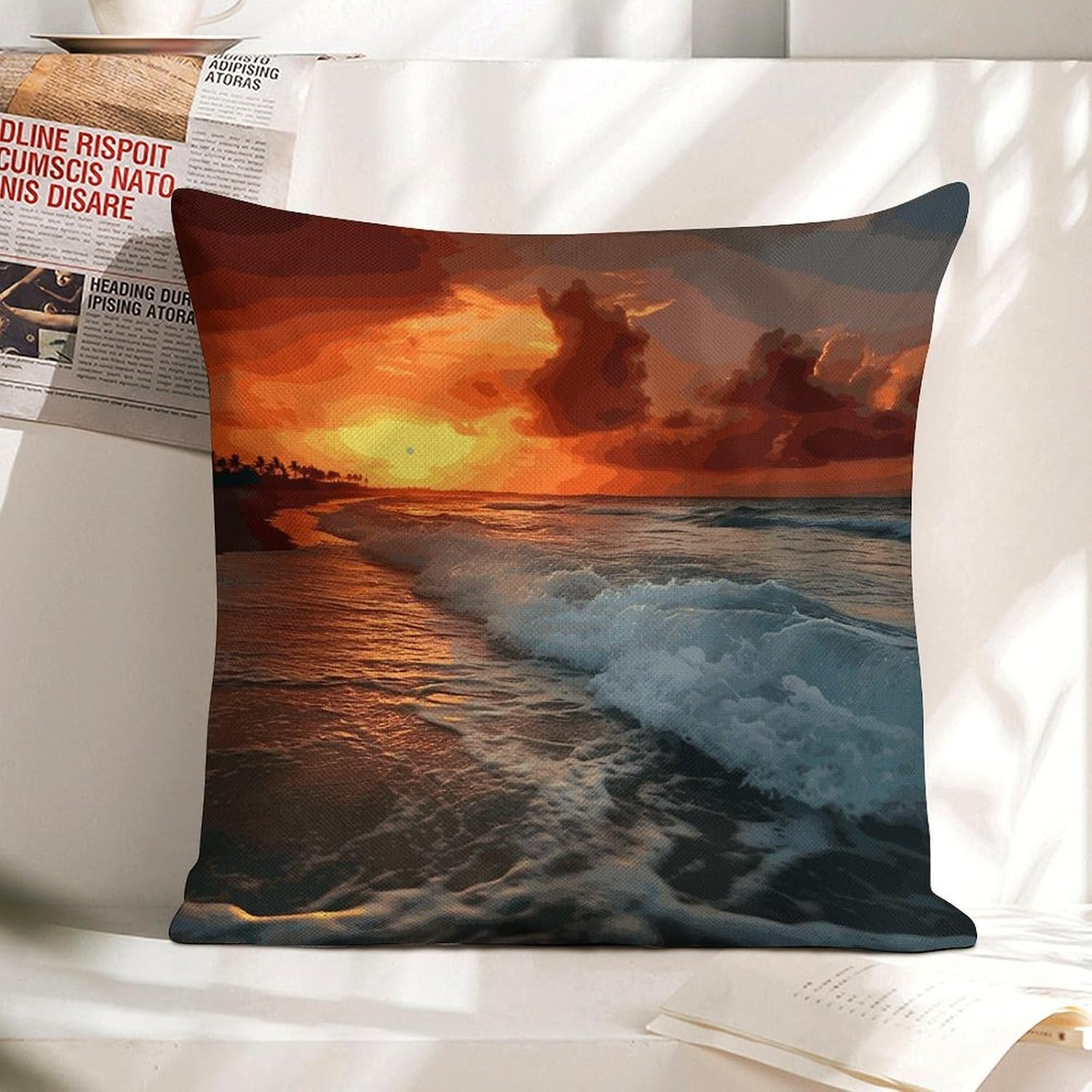 The Beach Sunset Pillow Protectors Cute Waterproof Pillow Cover Soft Skin-Friendly Cushion Case Decorative Square Cushion Cover for Couch Sofa Bed Living Room Bedroom