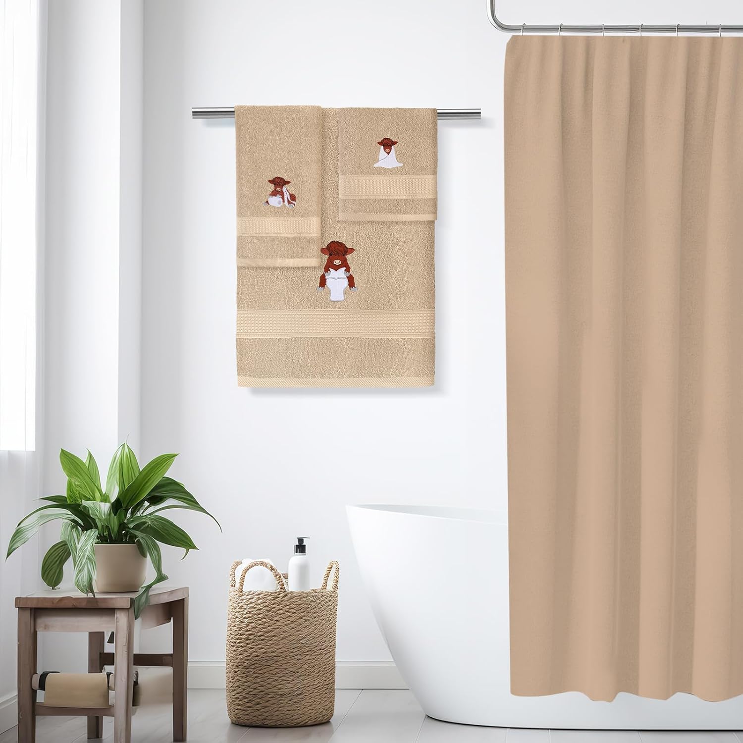 3 Pcs Highland Cow Bathroom Towel Set Farmhouse Embroidered Highland Cow Towels Vintage Decorative 100% Cotton Bath Towel Highly Absorbent Funny Decor Set for Bathroom