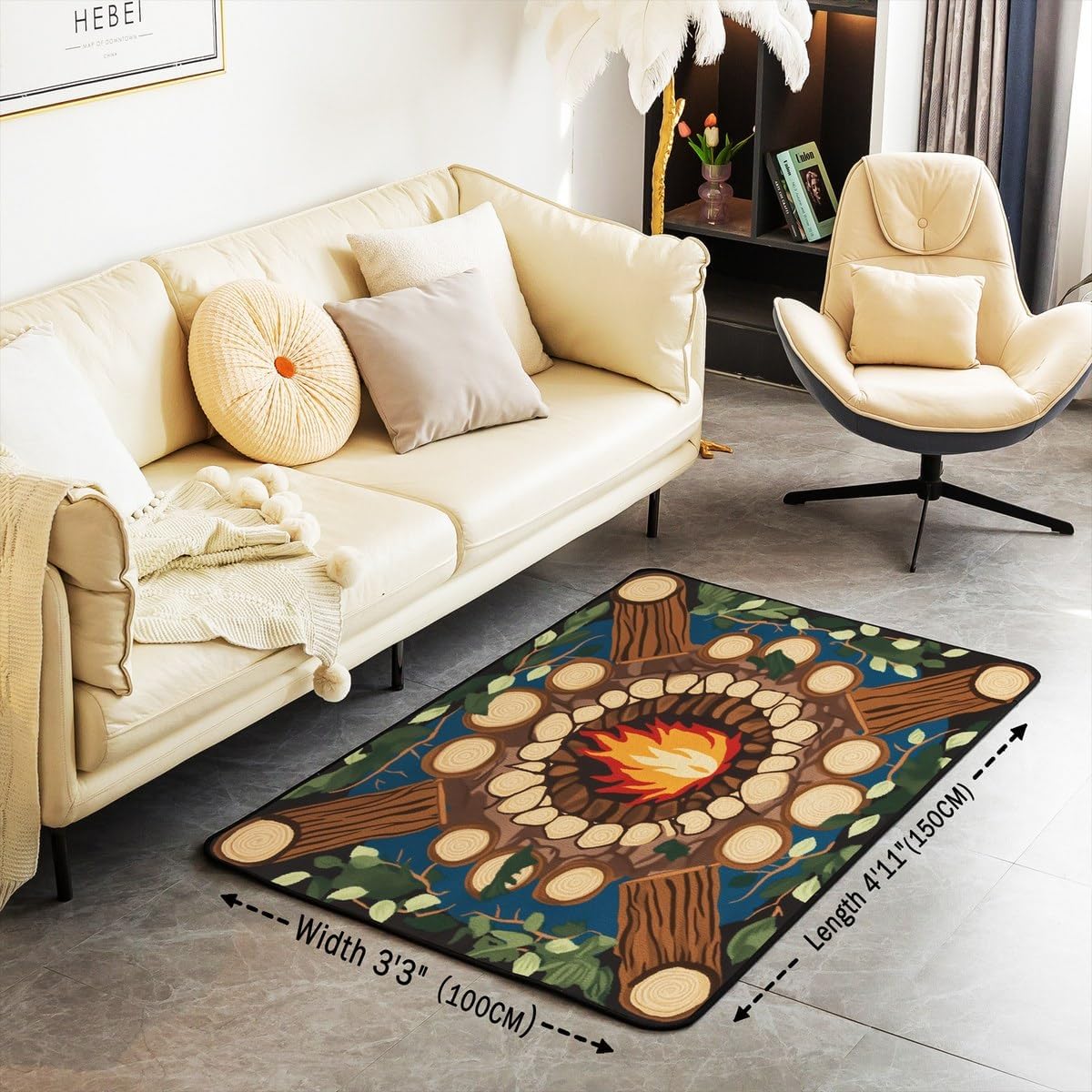 Erosebridal Happy Camping Area Rug 4'11" X 3'3" Campfire Living Room Rugs Cartoon Funny Tree Stump Decorative Carpet for Kids Woodland Botanical Leaves Washable Indoor Floor Mat