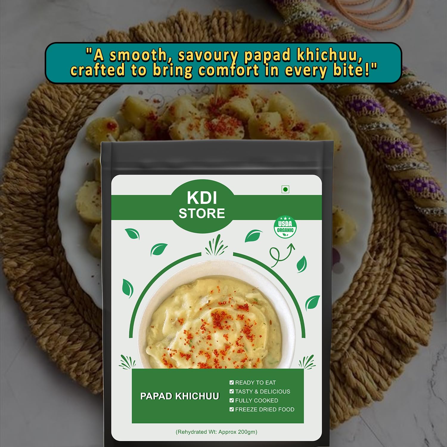 KDI Store Papad Khichuu, Ready to Eat Gujarati Snack, USDA Organic, Freeze Dried, Fully Cooked, 35g