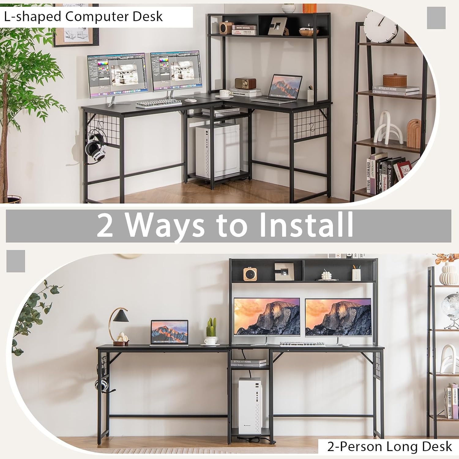 Tangkula L-Shaped Desk with Power Outlet, Large Corner Desk Converts to 2-Person Long Desk with Hutch, Computer Gaming Desk with CPU Stand & 3 Removable Hooks, for Home Office (Black)